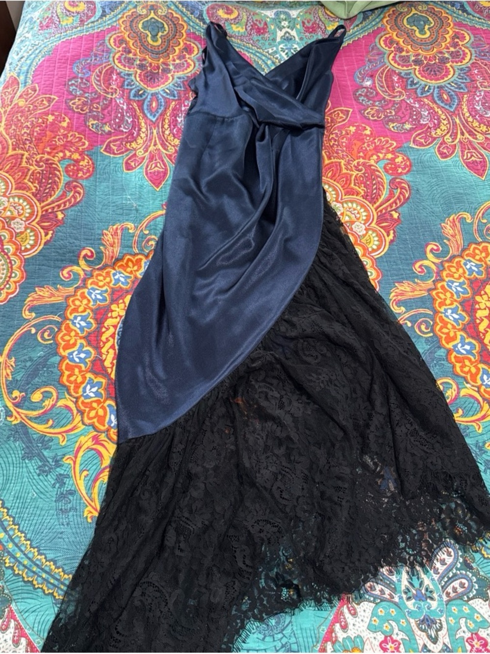 Navy Satin Wrap Dress with Lace Hem - Picture 2 of 6